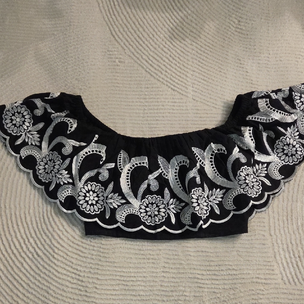 Express Black Off-Shoulder Embroidered Ruffle Crop Top